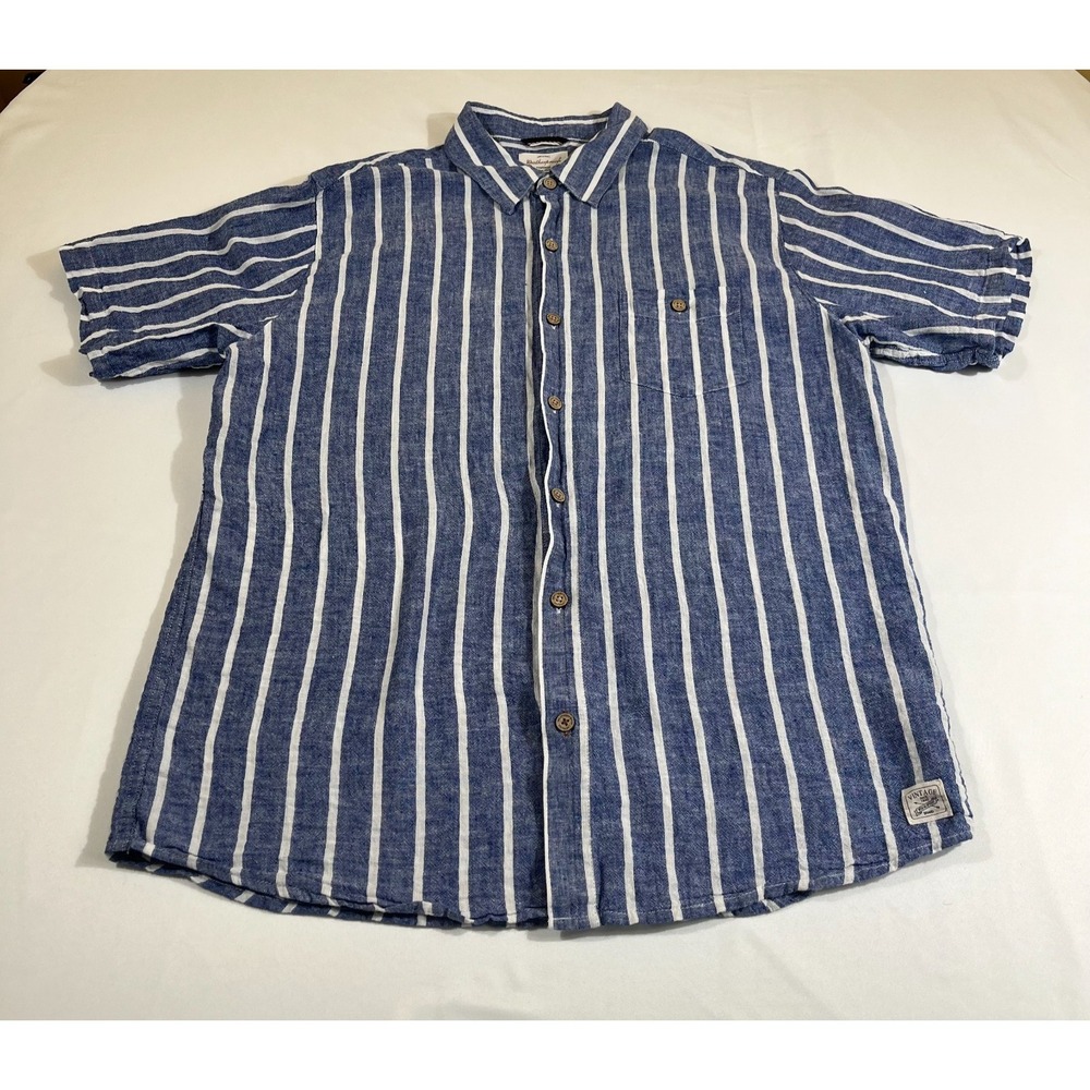 Weatherproof Vintage Mens Large Blue Striped Washable Linen Cotton Shirt S/S